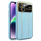 For iPhone 14 Plus Electroplating Litchi Grain Large Window Phone Case(Blue) - 1