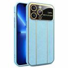 For iPhone 13 Pro Electroplating Litchi Grain Large Window Phone Case(Blue) - 1