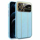 For iPhone 12 Pro Max Electroplating Litchi Grain Large Window Phone Case(Blue) - 1