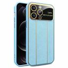 For iPhone 12 Pro Electroplating Litchi Grain Large Window Phone Case(Blue) - 1