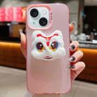 For iPhone 15 New Year Lion Dance Plush Doll Phone Case(Pink Back White Lion) - 1