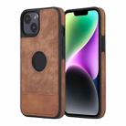 For iPhone 14 Plus Splicing Sewing Hollow Cutout PU Phone Case(Brown) - 1