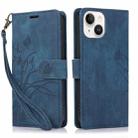 For iPhone 15 Orchid Butterfly Embossed Leather Phone Case(Blue) - 1