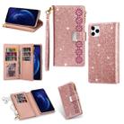 For iPhone 11 Pro Max Multi-card Slots Starry Sky Laser Carving Glitter Zipper Horizontal Flip Leather Case with Holder & Wallet & Lanyard(Rose Gold) - 1