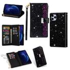 For iPhone 11 Pro Max Multi-card Slots Starry Sky Laser Carving Glitter Zipper Horizontal Flip Leather Case with Holder & Wallet & Lanyard(Black) - 1