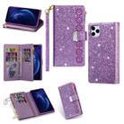 For iPhone 11 Pro Multi-card Slots Starry Sky Laser Carving Glitter Zipper Horizontal Flip Leather Case with Holder & Wallet & Lanyard(Purple) - 1