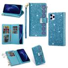 For iPhone 11 Pro Multi-card Slots Starry Sky Laser Carving Glitter Zipper Horizontal Flip Leather Case with Holder & Wallet & Lanyard(Sky Blue) - 1