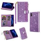 For iPhone XR Multi-card Slots Starry Sky Laser Carving Glitter Zipper Horizontal Flip Leather Case with Holder & Wallet & Lanyard(Purple) - 1