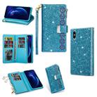 For iPhone XR Multi-card Slots Starry Sky Laser Carving Glitter Zipper Horizontal Flip Leather Case with Holder & Wallet & Lanyard(Sky Blue) - 1