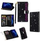 For iPhone XR Multi-card Slots Starry Sky Laser Carving Glitter Zipper Horizontal Flip Leather Case with Holder & Wallet & Lanyard(Black) - 1
