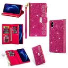 For iPhone X / XS Multi-card Slots Starry Sky Laser Carving Glitter Zipper Horizontal Flip Leather Case with Holder & Wallet & Lanyard(Rose Red) - 1