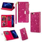 For iPhone 8 Plus / 7 Plus Multi-card Slots Starry Sky Laser Carving Glitter Zipper Horizontal Flip Leather Case with Holder & Wallet & Lanyard(Rose Red) - 1