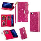 For iPhone SE 2022 / SE 2020 / 8 / 7 Multi-card Slots Starry Sky Laser Carving Glitter Zipper Horizontal Flip Leather Case with Holder & Wallet & Lanyard(Rose Red) - 1