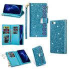 For iPhone SE 2022 / SE 2020 / 8 / 7 Multi-card Slots Starry Sky Laser Carving Glitter Zipper Horizontal Flip Leather Case with Holder & Wallet & Lanyard(Sky Blue) - 1