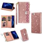 For iPhone SE 2022 / SE 2020 / 8 / 7 Multi-card Slots Starry Sky Laser Carving Glitter Zipper Horizontal Flip Leather Case with Holder & Wallet & Lanyard(Rose Gold) - 1