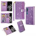 For Xiaomi Note 10 Pro Multi-card Slots Starry Sky Laser Carving Glitter Zipper Horizontal Flip Leather Case with Holder & Wallet & Lanyard(Purple) - 1