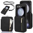 For Samsung Galaxy Z Flip5 Zipper Card Slots Folding RFID Phone Case with Long Lanyard(Black) - 1