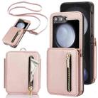 For Samsung Galaxy Z Flip5 Zipper Card Slots Folding RFID Phone Case with Long Lanyard(Rose Gold) - 1