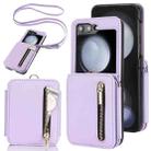 For Samsung Galaxy Z Flip5 Zipper Card Slots Folding RFID Phone Case with Long Lanyard(Light Purple) - 1