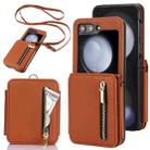 For Samsung Galaxy Z Flip5 Zipper Card Slots Folding RFID Phone Case with Long Lanyard(Brown) - 1