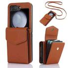 For Samsung Galaxy Z Flip5 Card Slots Folding RFID Phone Case with Long Lanyard(Brown) - 1