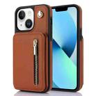 For iPhone 13 YM006 Skin Feel Zipper Card Bag Phone Case with Dual Lanyard(Brown) - 1