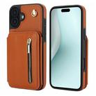 For iPhone 16 Plus YM006 Skin Feel Zipper Card Bag Phone Case with Dual Lanyard(Brown) - 1