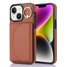 For iPhone 14 Plus YM007 Ring Holder Card Bag Skin Feel Phone Case(Brown) - 1