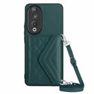 For Honor 90 Rhombic Texture Card Bag RFID Phone Case with Long Lanyard(Green) - 1