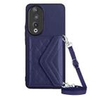 For Honor 90 Rhombic Texture Card Bag RFID Phone Case with Long Lanyard(Dark Purple) - 1