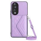 For Honor 90 Rhombic Texture Card Bag RFID Phone Case with Long Lanyard(Light Purple) - 1