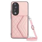 For Honor 90 Rhombic Texture Card Bag RFID Phone Case with Long Lanyard(Rose Gold) - 1