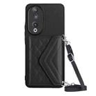 For Honor 90 Rhombic Texture Card Bag RFID Phone Case with Long Lanyard(Black) - 1