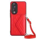 For Honor 90 Rhombic Texture Card Bag RFID Phone Case with Long Lanyard(Red) - 1