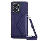 For Honor X7a / Play 7T Rhombic Texture Card Bag RFID Phone Case with Long Lanyard(Dark Purple) - 1