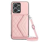 For Honor X7a / Play 7T Rhombic Texture Card Bag RFID Phone Case with Long Lanyard(Rose Gold) - 1