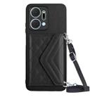 For Honor X7a / Play 7T Rhombic Texture Card Bag RFID Phone Case with Long Lanyard(Black) - 1