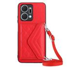 For Honor X7a / Play 7T Rhombic Texture Card Bag RFID Phone Case with Long Lanyard(Red) - 1