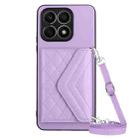 For Honor X8a Rhombic Texture Card Bag RFID Phone Case with Long Lanyard(Light Purple) - 1