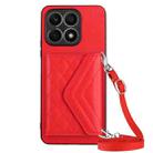 For Honor X8a Rhombic Texture Card Bag RFID Phone Case with Long Lanyard(Red) - 1