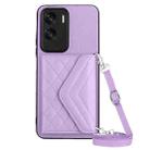 For Honor X50i Rhombic Texture Card Bag RFID Phone Case with Long Lanyard(Light Purple) - 1