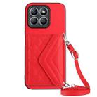 For Honor X8b 4G Global Rhombic Texture Card Bag RFID Phone Case with Long Lanyard(Red) - 1