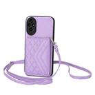 For Honor 200 5G Rhombic Texture Card Bag RFID Phone Case with Long Lanyard(Light Purple) - 1