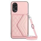 For OPPO A17 Rhombic Texture Card Bag RFID Phone Case with Long Lanyard(Rose Gold) - 1