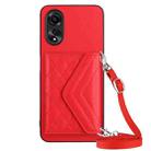 For OPPO A58 / A58x Rhombic Texture Card Bag RFID Phone Case with Long Lanyard(Red) - 1