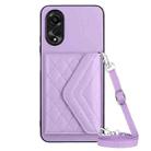 For OPPO A58 4G Rhombic Texture Card Bag RFID Phone Case with Long Lanyard(Light Purple) - 1