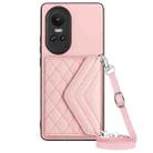 For OPPO Reno10 5G Rhombic Texture Card Bag RFID Phone Case with Long Lanyard(Rose Gold) - 1