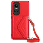 For OPPO Reno10 5G Rhombic Texture Card Bag RFID Phone Case with Long Lanyard(Red) - 1