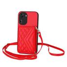 For OPPO Reno11 Global Rhombic Texture Card Bag RFID Phone Case with Long Lanyard(Red) - 1