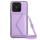 For Xiaomi Redmi 10C Rhombic Texture Card Bag RFID Phone Case with Long Lanyard(Light Purple) - 1